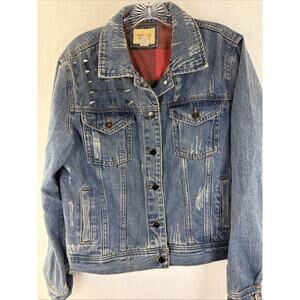 Denim Jean Jacket Mens M Distressed Studded Cross Festival Grunge Punk Rock Med